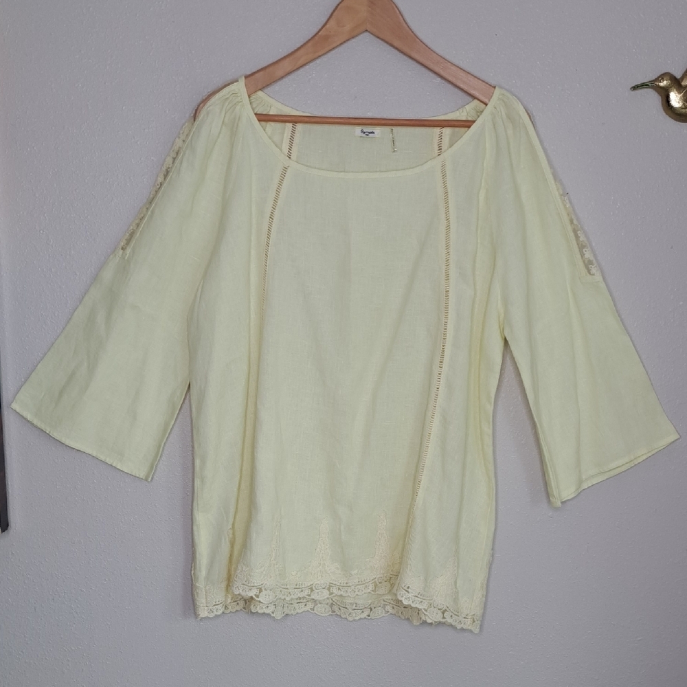 Symple NYC Linen Tunic Pastel Yellow Lace Embroidered Ladder Stitch L
